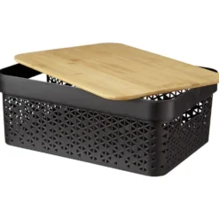 Panière noire avec couvercle bambou naturel H12 cm