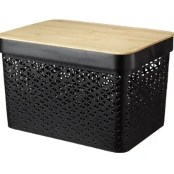 Panière noire avec couvercle bambou naturel H13,5 cm