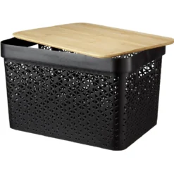 Panière noire avec couvercle bambou naturel H13,5 cm