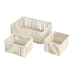 Panière pliante x3 cordage laine bouclée beige 1x 32x11xH22cm et 2x 18x9,5xH14cm