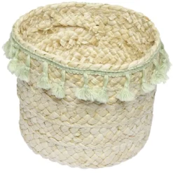 Panière ronde en jonc naturel avec pompons vert Ø19 cm