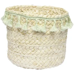 Panière ronde en jonc naturel avec pompons vert Ø19 cm