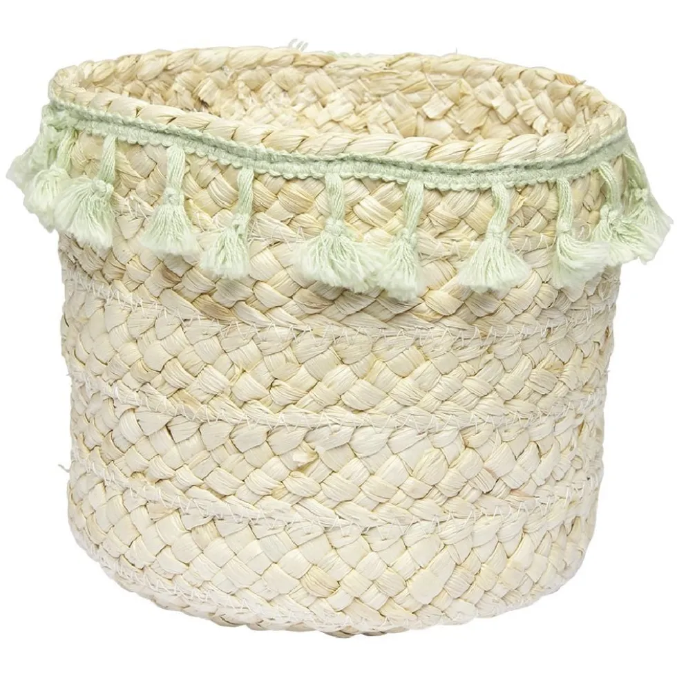 Panière ronde en jonc naturel avec pompons vert Ø19 cm