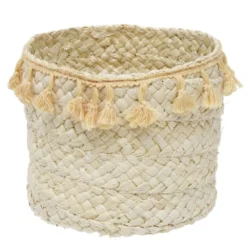 Panière ronde en jonc naturel avec pompons orange Ø19 cm