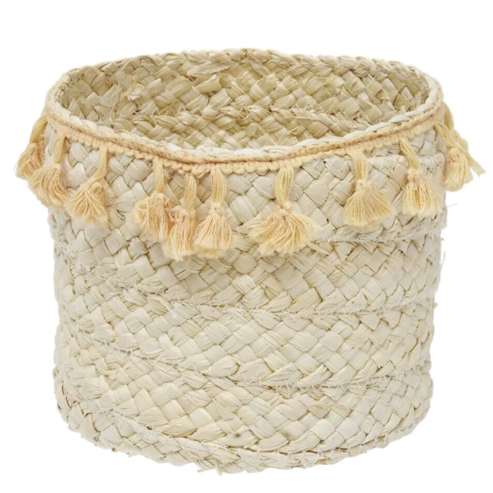 Panière ronde en jonc naturel avec pompons orange Ø19 cm