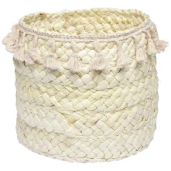 Panière ronde en jonc naturel avec pompons rose Ø19 cm