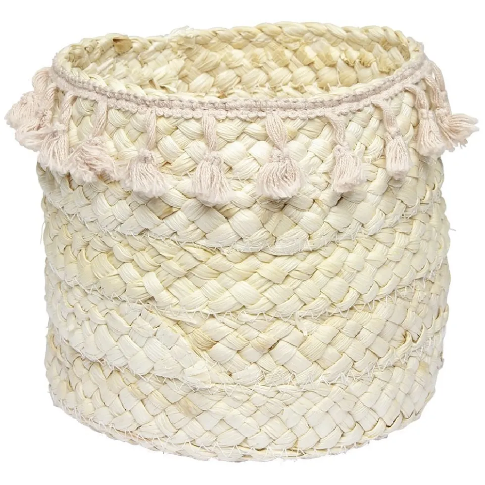 Panière ronde en jonc naturel avec pompons rose Ø19 cm