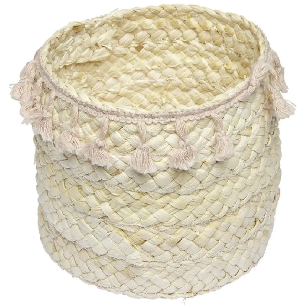 Panière ronde en jonc naturel avec pompons rose Ø19 cm