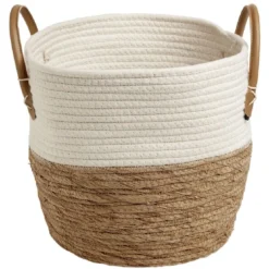 Panière tressée coton beige et jacynthe avec poignées Ø30xH28cm
