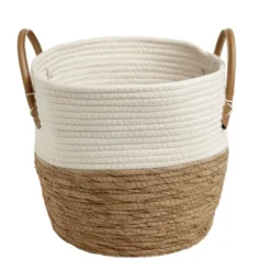 Panière tressée coton beige et jacynthe avec poignées Ø30xH28cm