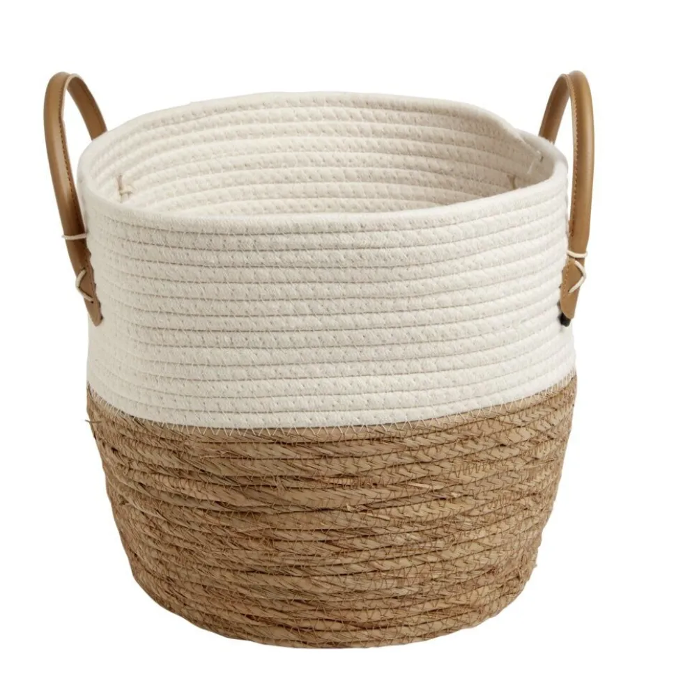 Panière tressée coton beige et jacynthe avec poignées Ø30xH28cm