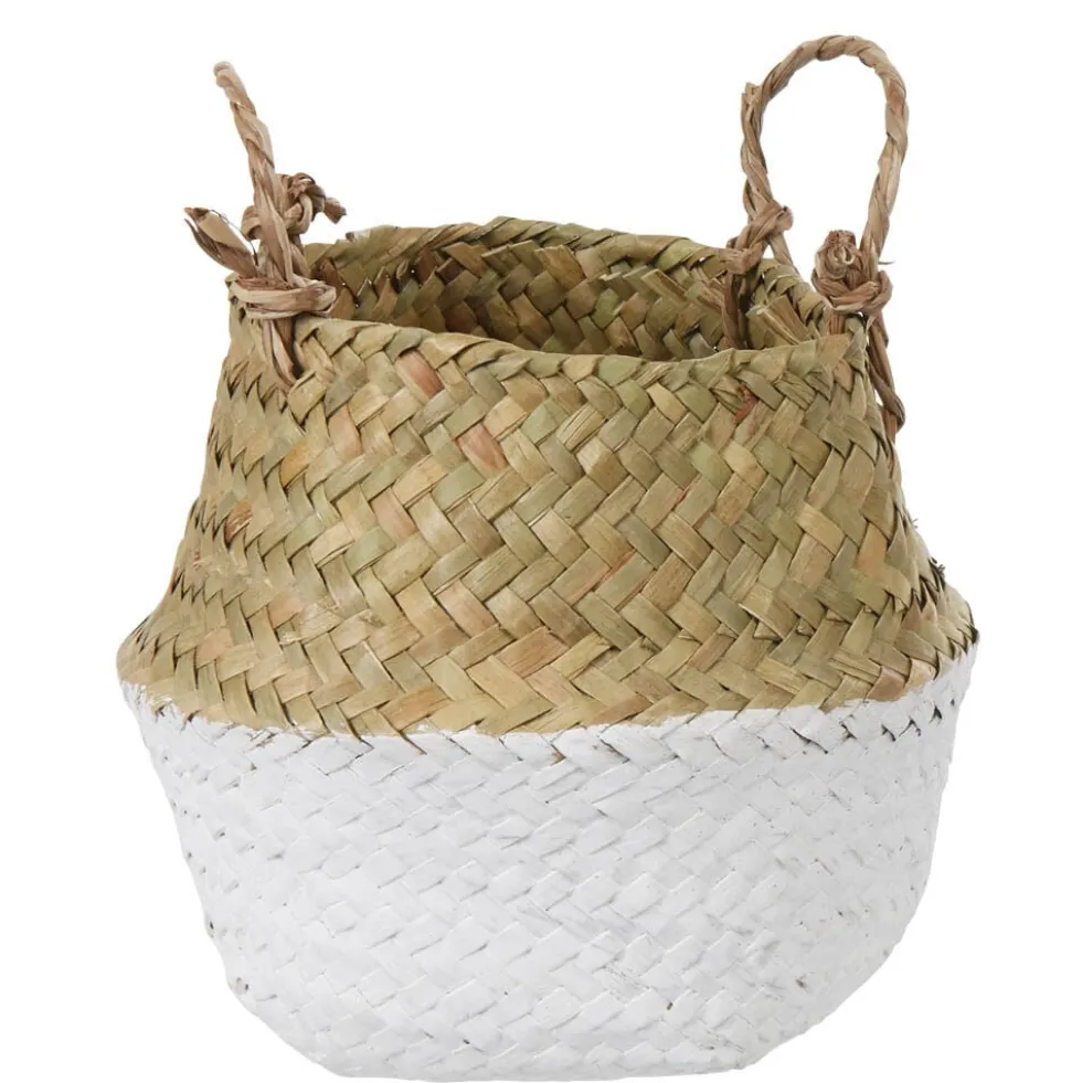 Panière tressée jonc de mer bicolore blanc naturel