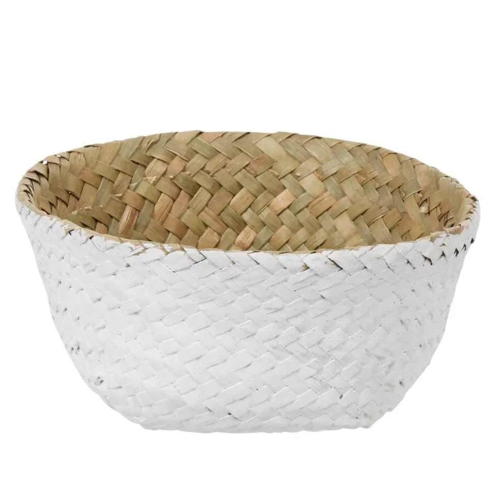 Panière tressée jonc de mer bicolore blanc naturel