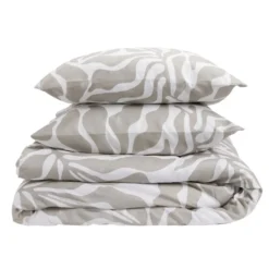 Parure de lit 2 personnes 240x220cm polyester motif feuillage beige et blanc