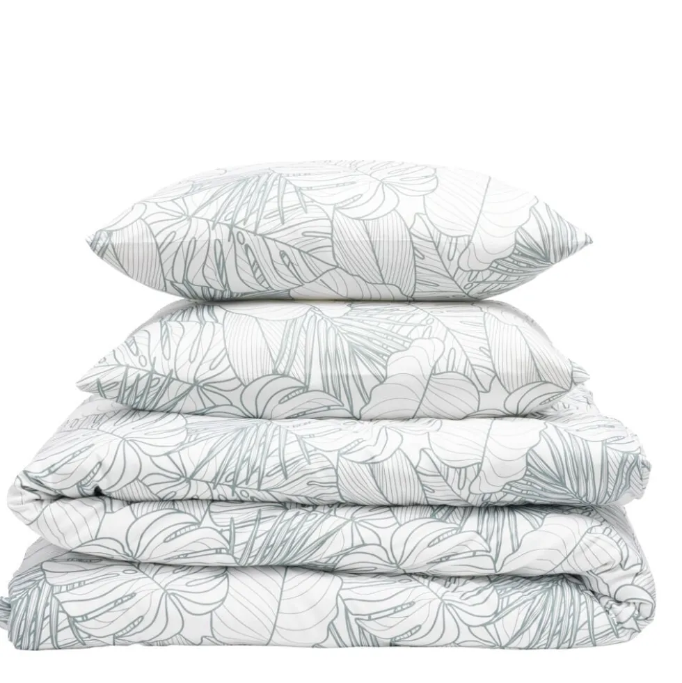 Parure de lit 2 personnes 240x220cm polyester motif feuillage blanc et vert