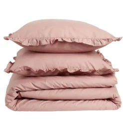 Parure de lit 2 personnes 220x240cm rose uni avec volants