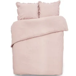 Parure de lit 2 personnes 220x240cm rose uni avec volants