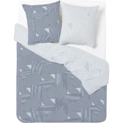 Parure de lit 2 personnes 240x220cm réversible motif géométrique bleu
