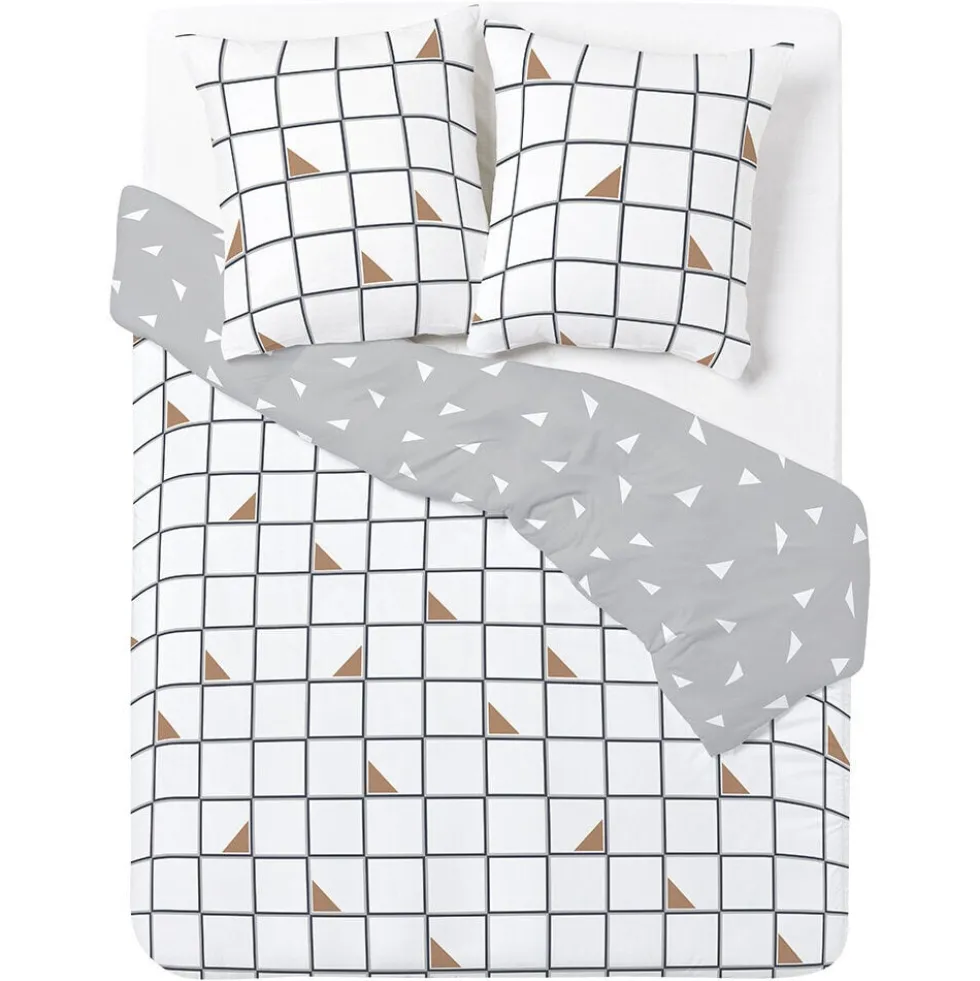 Parure de lit 2 personnes 240x220cm réversible quadrillage triangle gris blanc