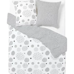 Parure de lit 2 places blanche et taupe motifs plumetis