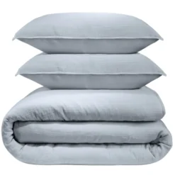 Parure de lit 220x240cm 2 personnes gaze de coton bleu clair 3 pièces
