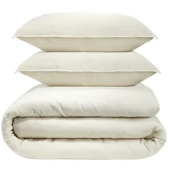 Parure de lit 240x260cm 2 personnes unie gaze de coton beige 3 pièces