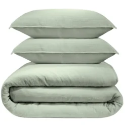 Parure de lit 240x260cm 2 personnes unie gaze de coton vert sauge 3 pièces