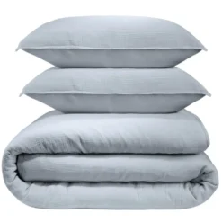 Parure de lit 240x260cm 2 personnes unie gaze de coton bleu clair 3 pièces