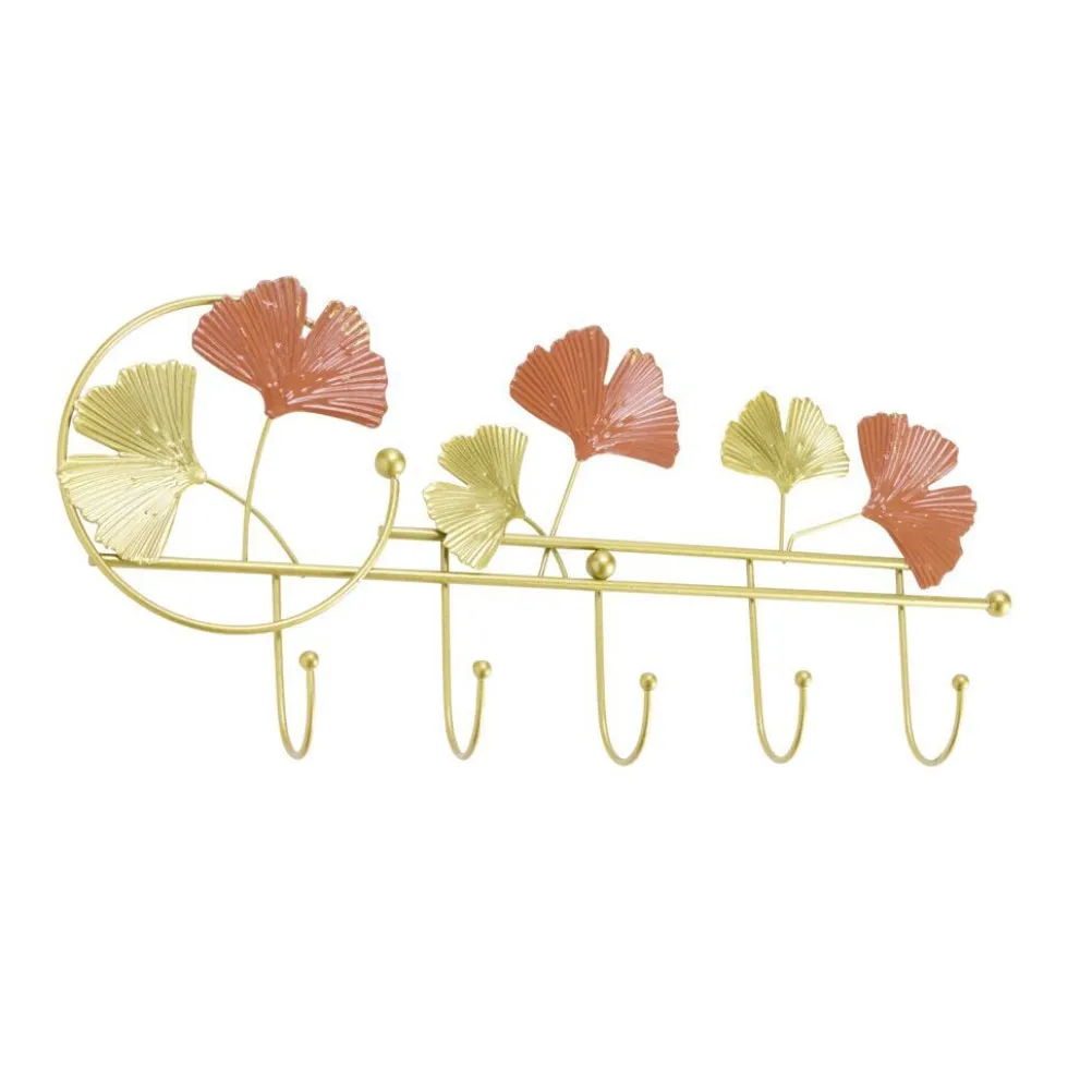 Patère 5 crochets déco feuillage métal doré et orangé L47xH21,5cm
