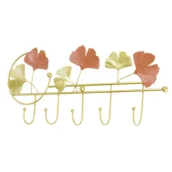 Patère 5 crochets déco feuillage métal doré et orangé L47xH21,5cm