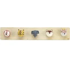 Patère enfant en bois 5 crochets tête animal 55x7xH10cm
