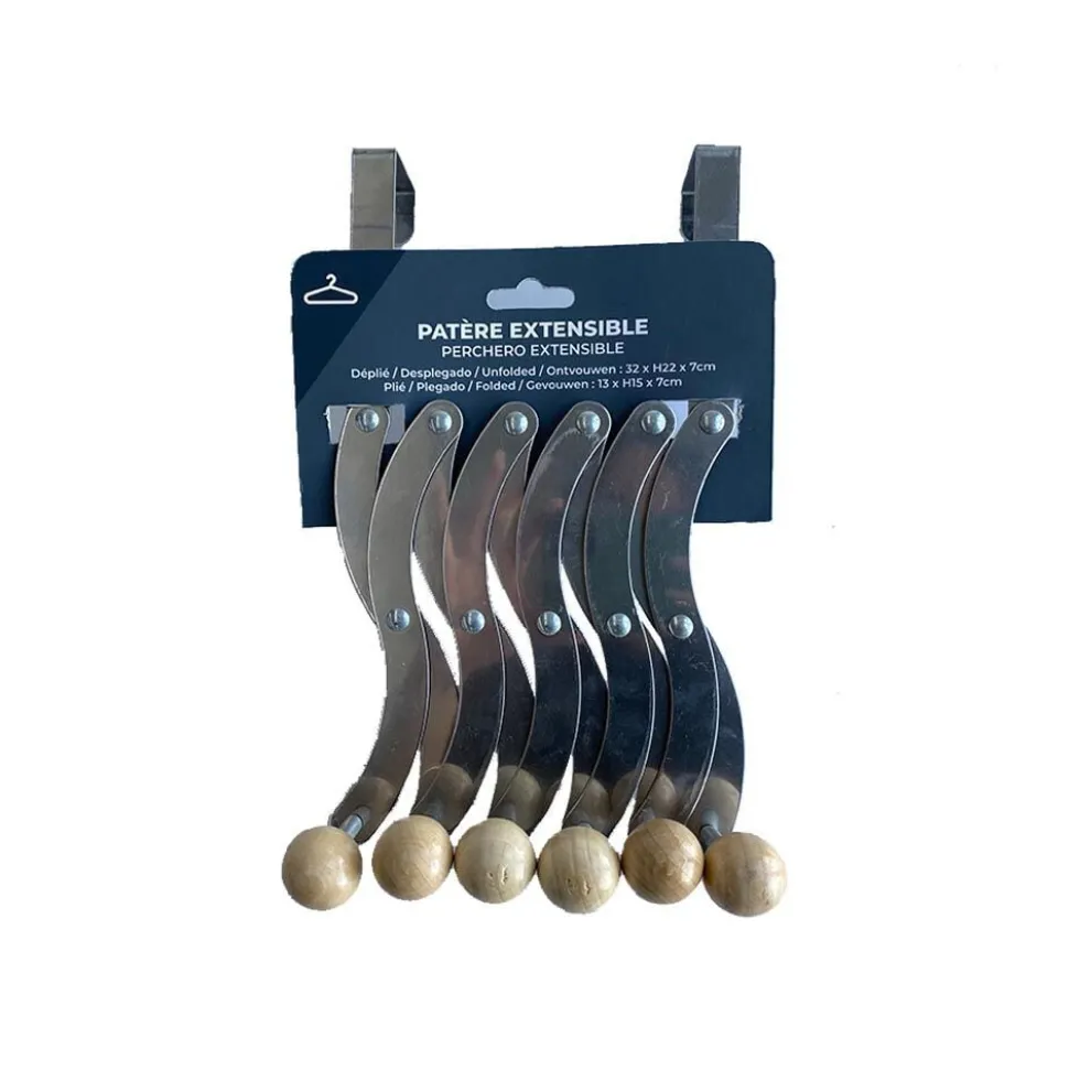 Patère extensible 6 crochets acier+bois