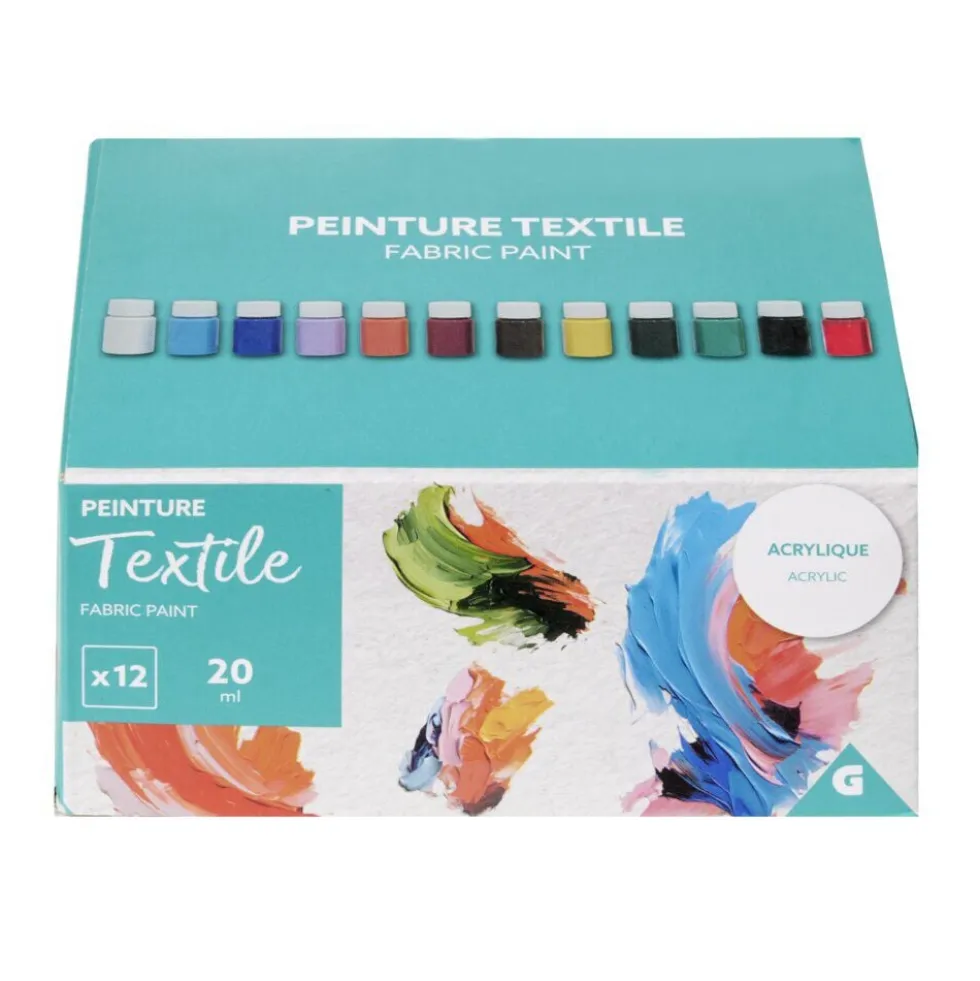 Peinture acrylique en pot pour tissu 20ml - 12 pièces