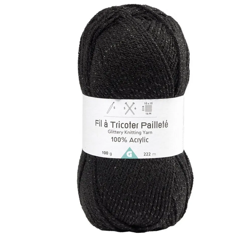 Pelote de fil à tricoter acrylique paillettes noir 100Gr