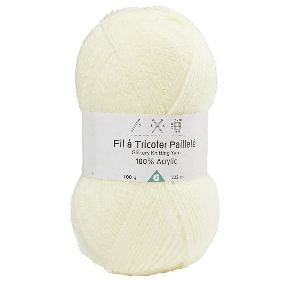 Pelote de fil à tricoter acrylique paillettes blanc écru 100Gr