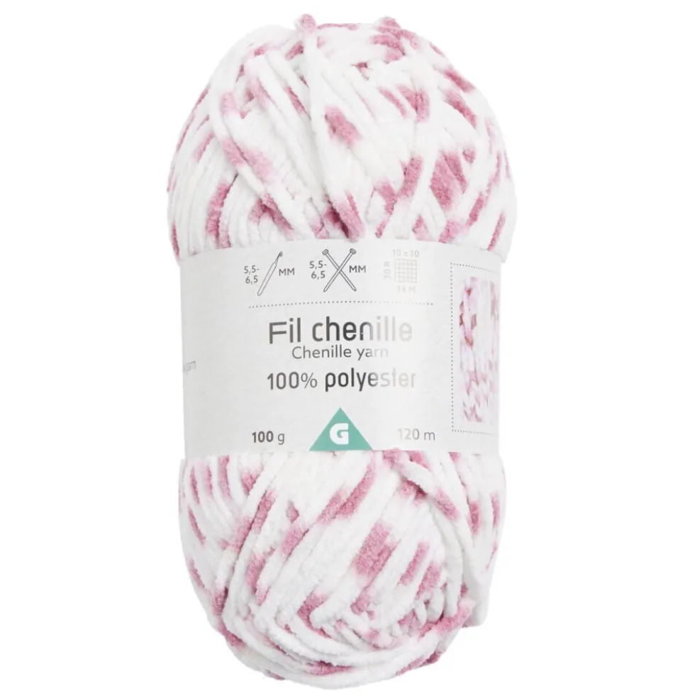 Pelote de fil à tricoter chenille blanc et rose 120m