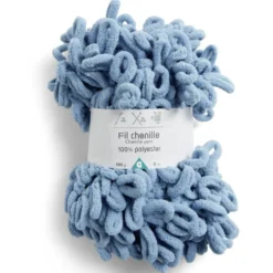 Pelote fil à tricoter 9m effet chenille polyester bleu canard 100g