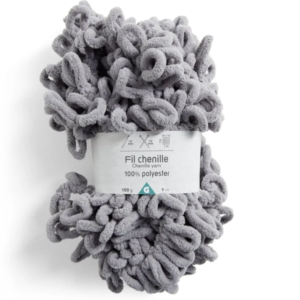 Pelote fil à tricoter 9m effet chenille polyester gris clair 100g