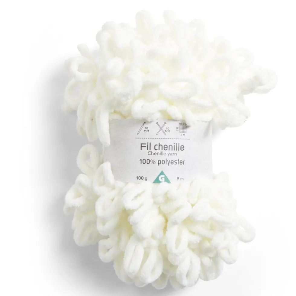 Pelote fil à tricoter 9m effet chenille polyester blanc écru 100g