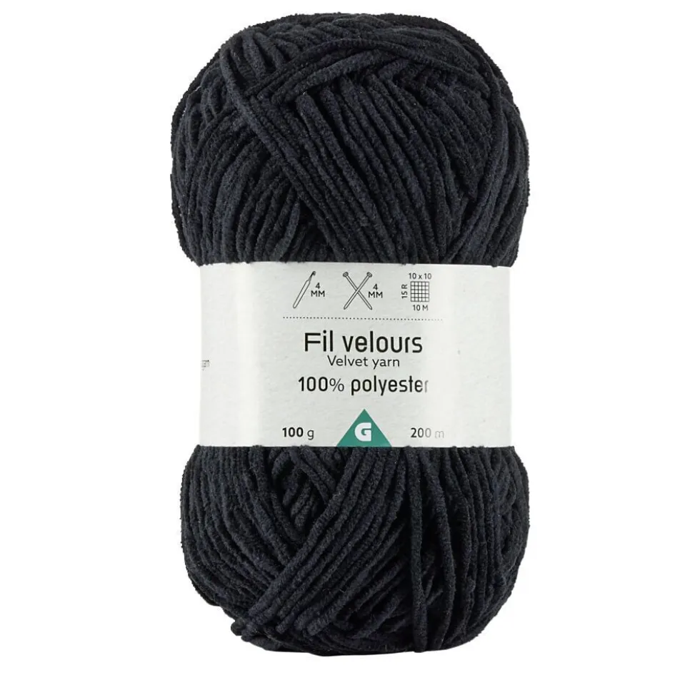 Pelote fil à tricoter 200m effet velours polyester noir 100g