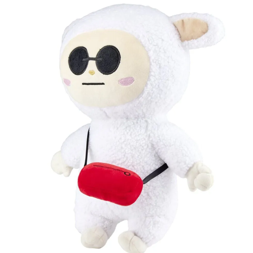 Peluche Gromimis blanche avec lunettes et sac rouge H40cm