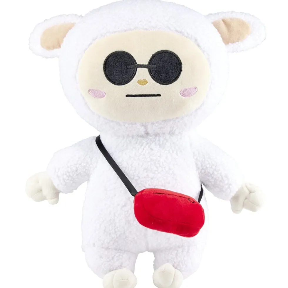 Peluche Gromimis blanche avec lunettes et sac rouge H40cm