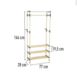 Penderie avec 3 étageres bois beige et plastique noir - 77x28xH164cm