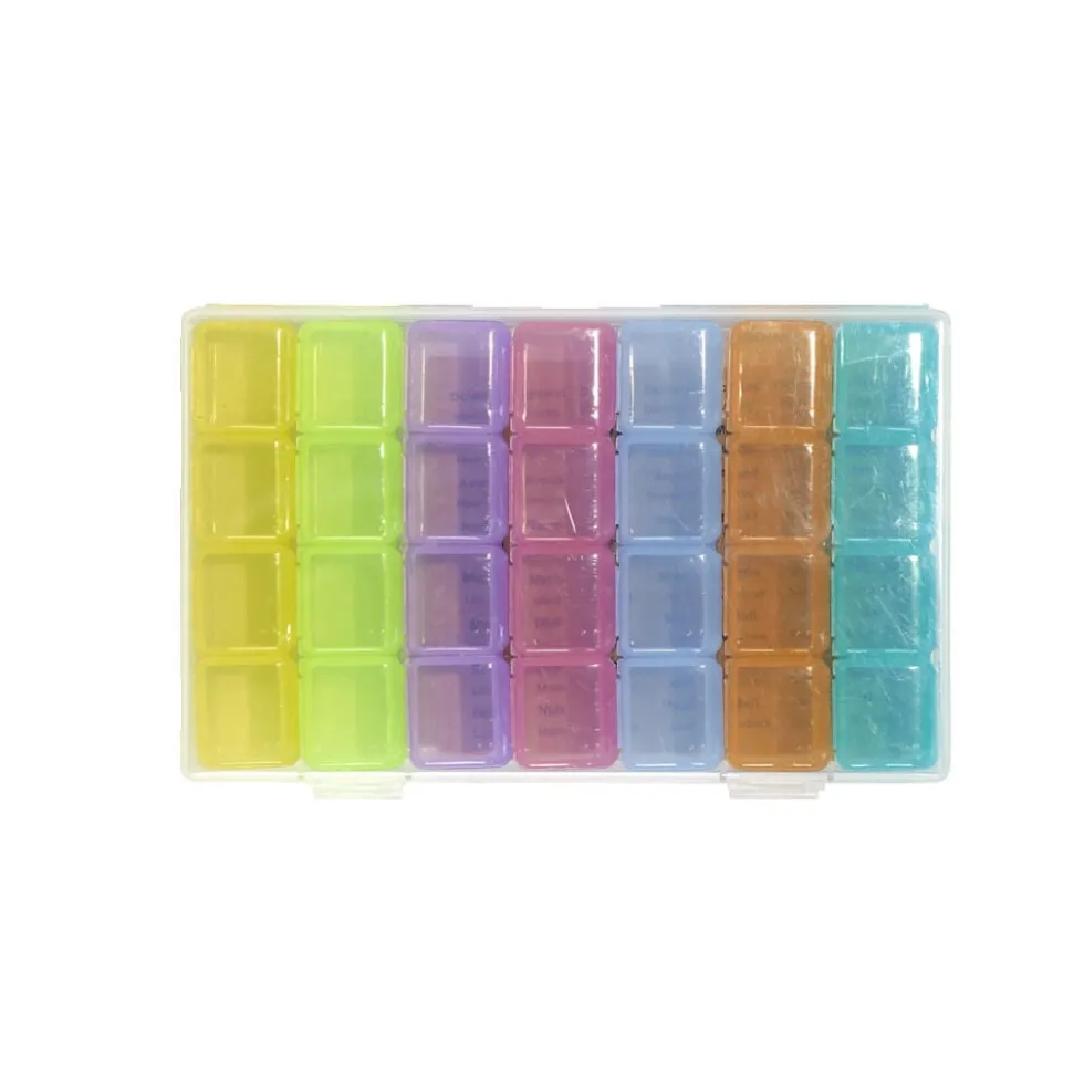 Pilulier 1 mois 28 compartiments rectangulaire plastique bleu 10,5x17,4cm
