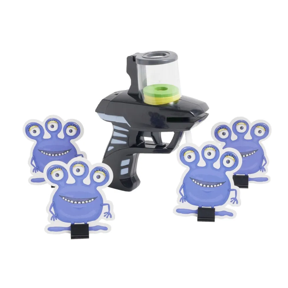Pistolet tir rapide rondelle mousse x10 avec cible extraterrestre x4