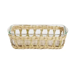 Plat à four en verre transparent et déco raphia beige 28x11,5xH8,5cm