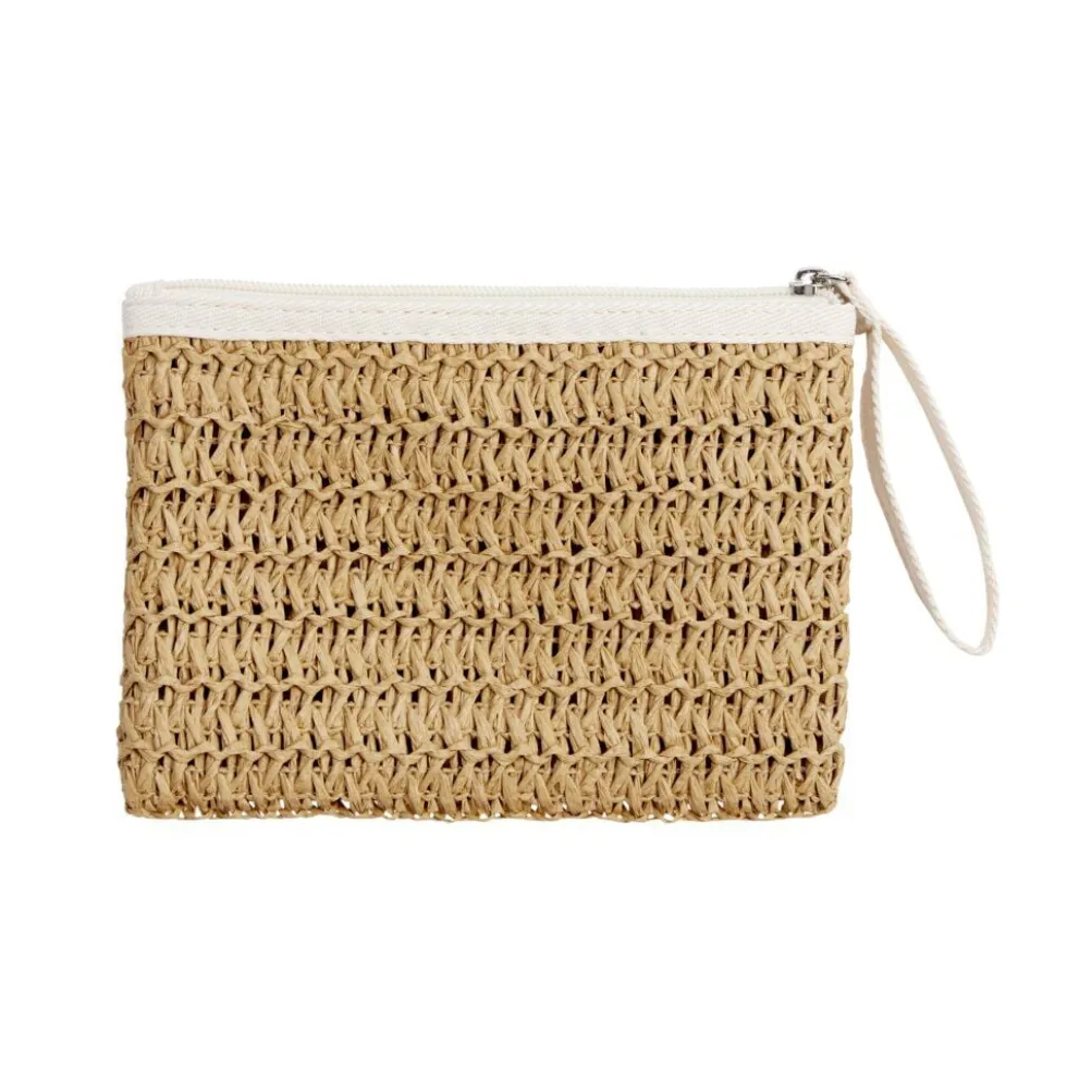Pochette effet paille fermeture zippée 20x2xH13,5cm (3 modèles)