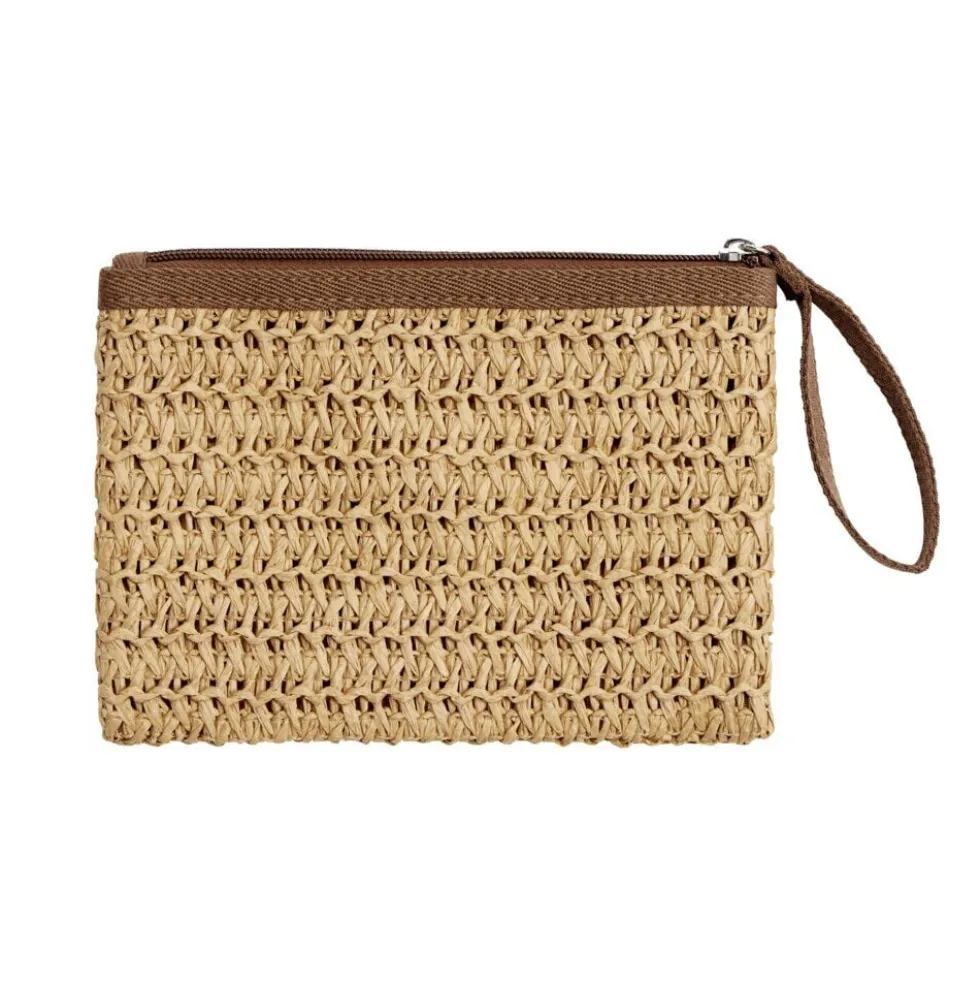 Pochette effet paille fermeture zippée 20x2xH13,5cm (3 modèles)