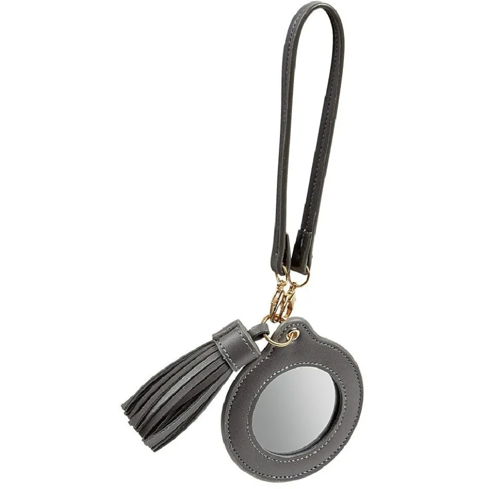 Porte-clé miroir avec pompon gris ou beige