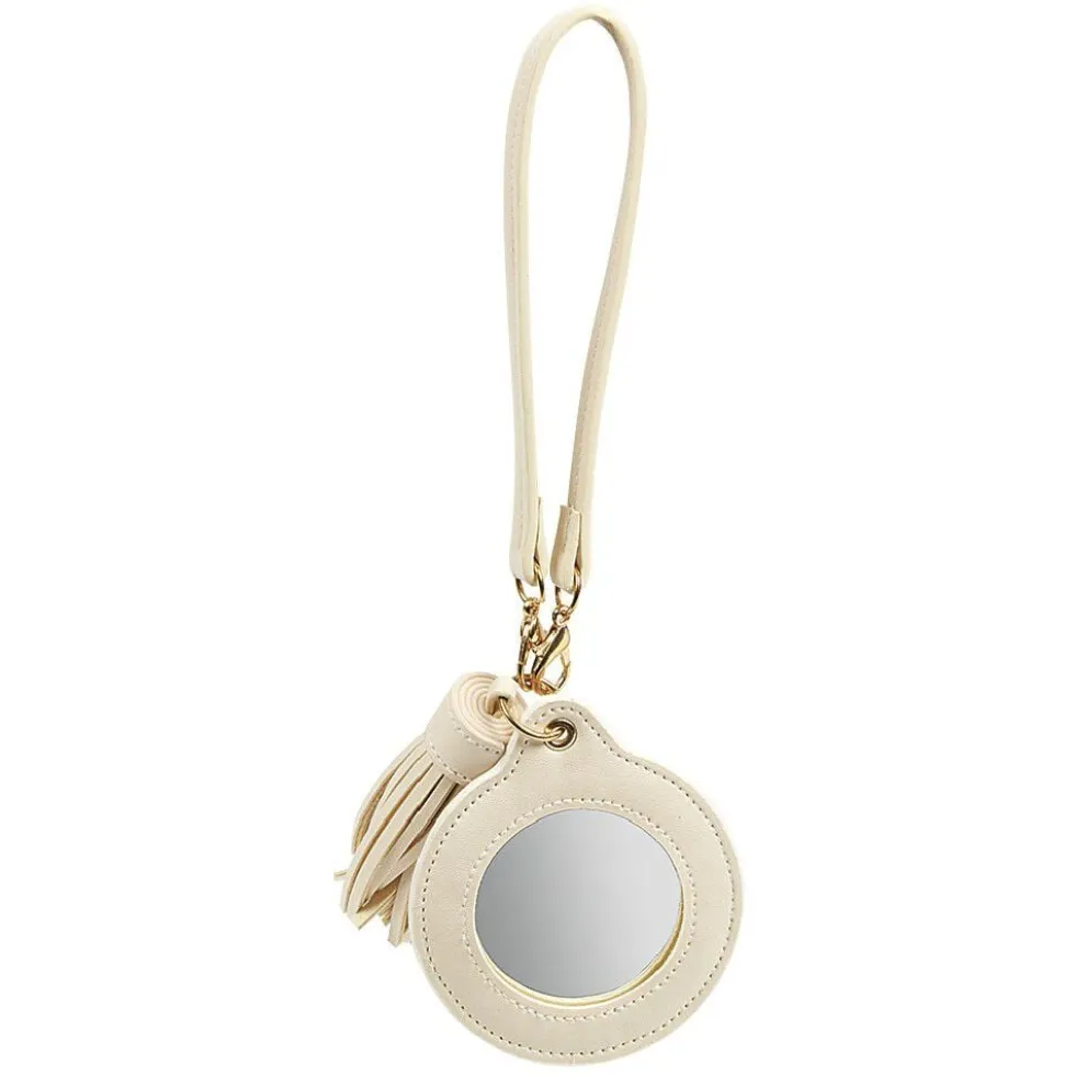 Porte-clé miroir avec pompon gris ou beige